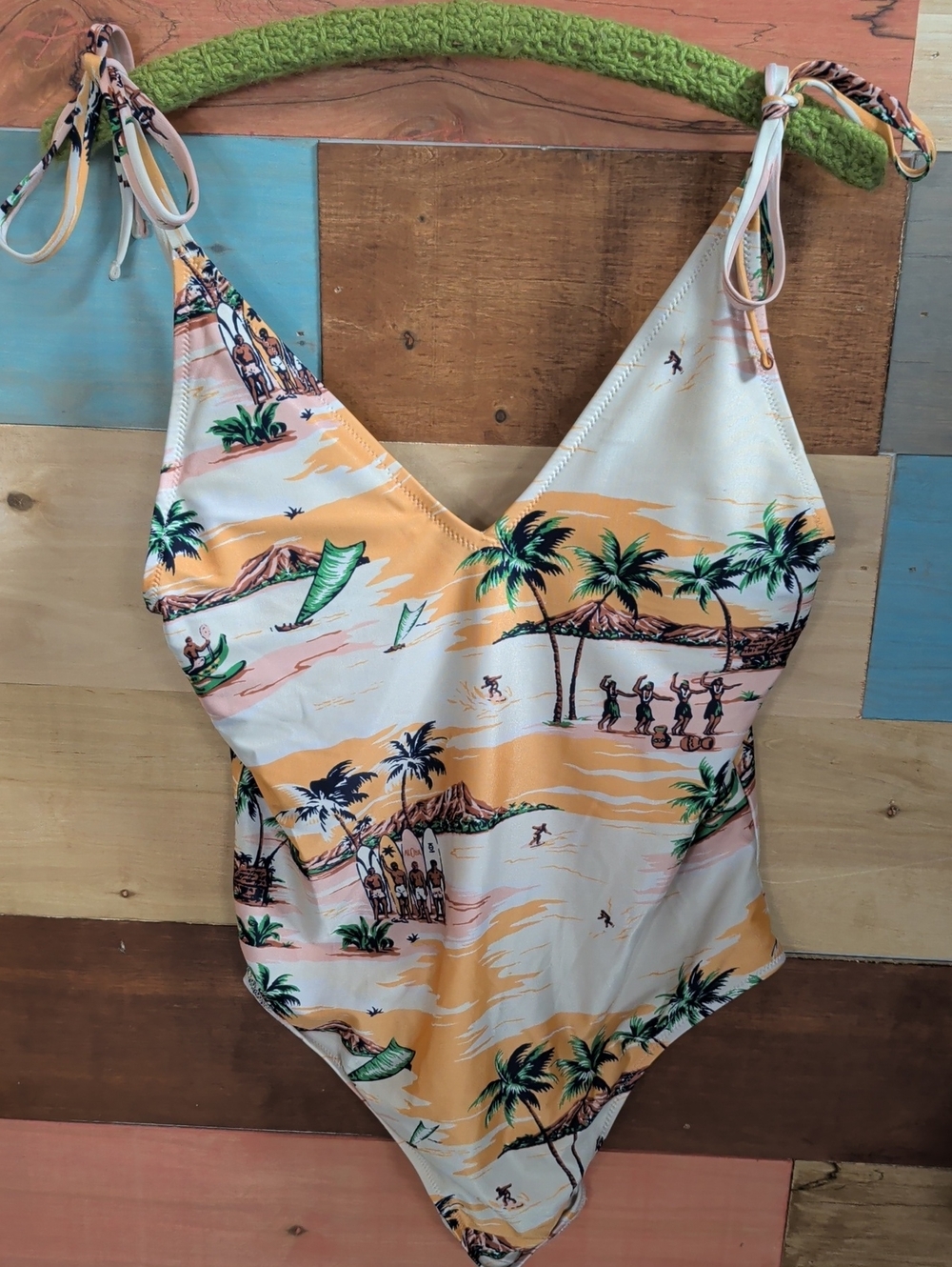 aerie Cream, Peach & Green Tropical Palm One-Piece Swimsuit